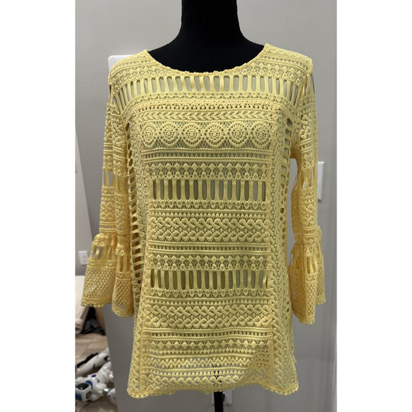 Butter Yellow Crochet Boho Top Tunic XS Bell Sleeves Cottagecore Vibes Festival - Picture 1 of 9